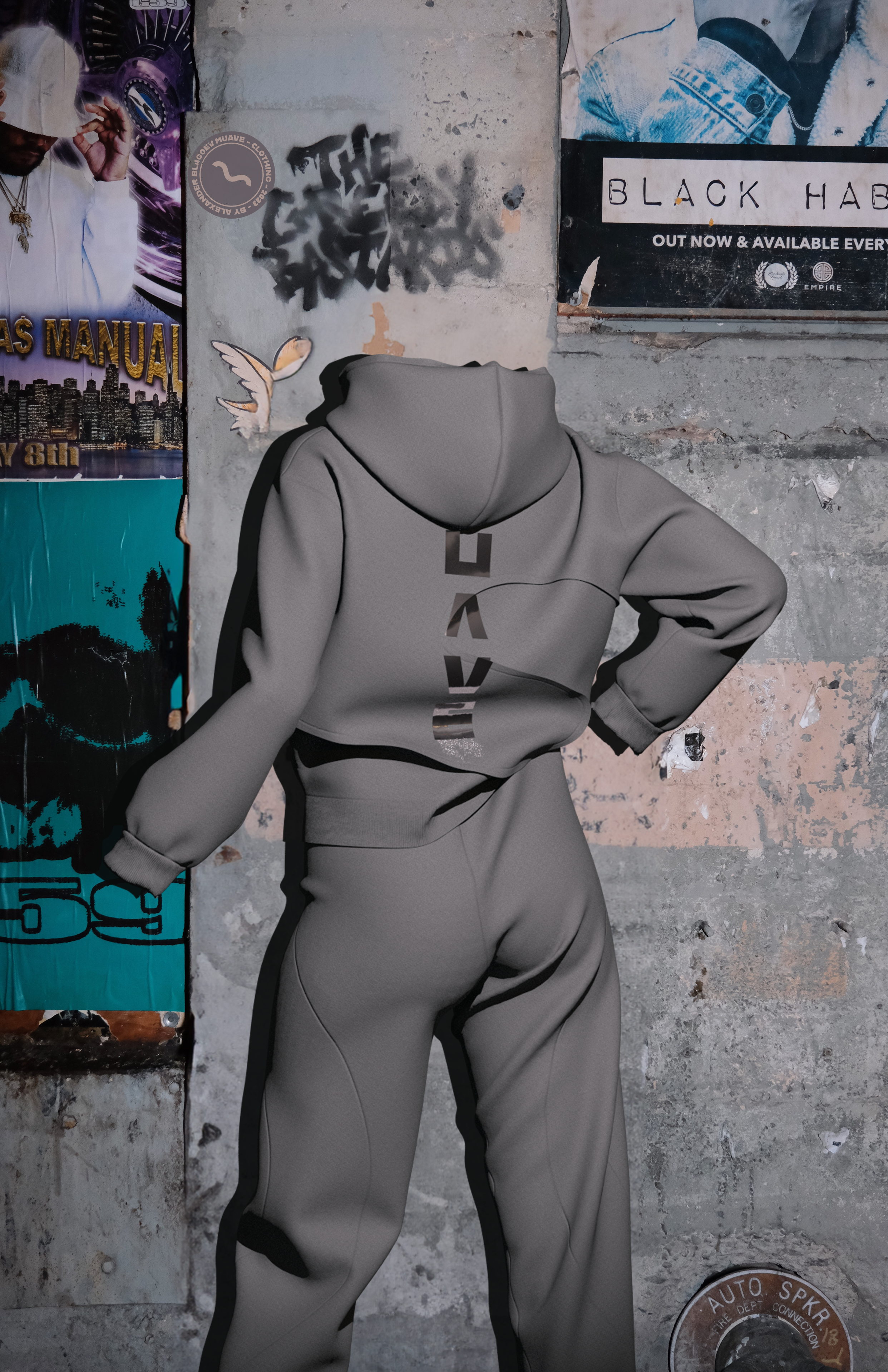 Muave grey set against urban wall
